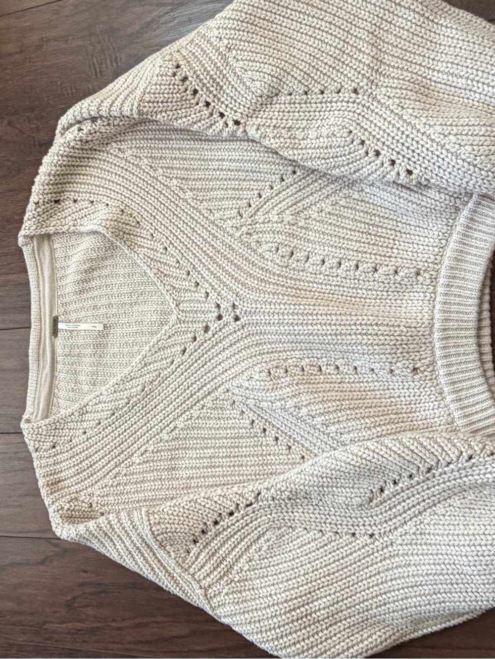 Free People Cream V-Neck Open Stitch Pullover